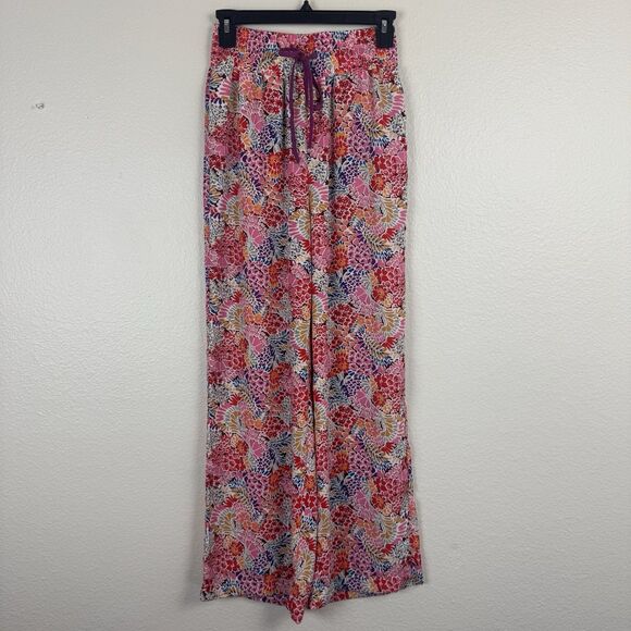 High Rise Smocked Waist Floral Print Palazzo Pants Pockets Pink Multi Small - Picture 1 of 12